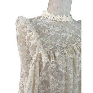 Floral Lace Long Sleeve Blouse Chrysanthemum Boho Farmhouse High Neck Size M